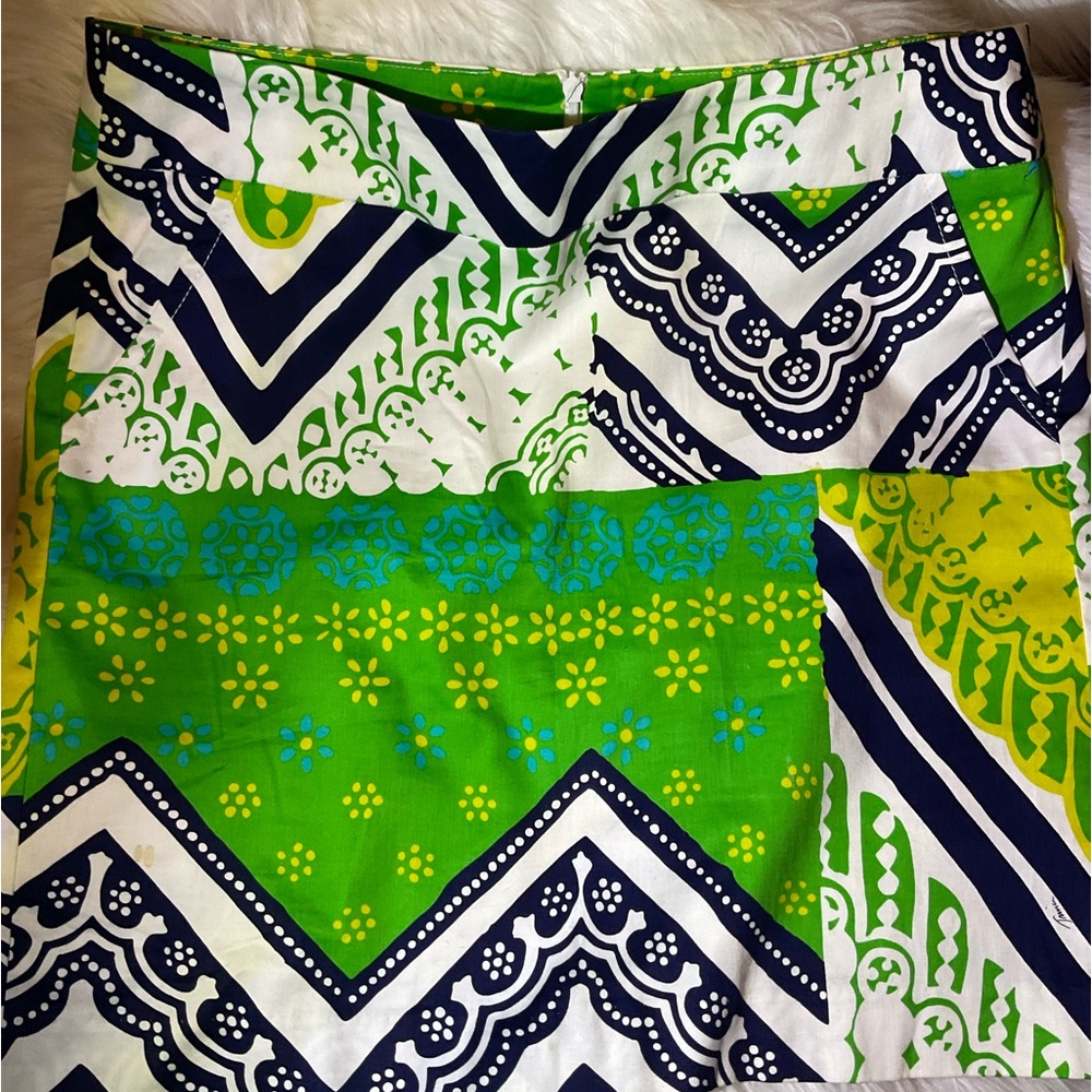 Trina Turk Green Navy White Printed A-Line Mini Skirt EUC